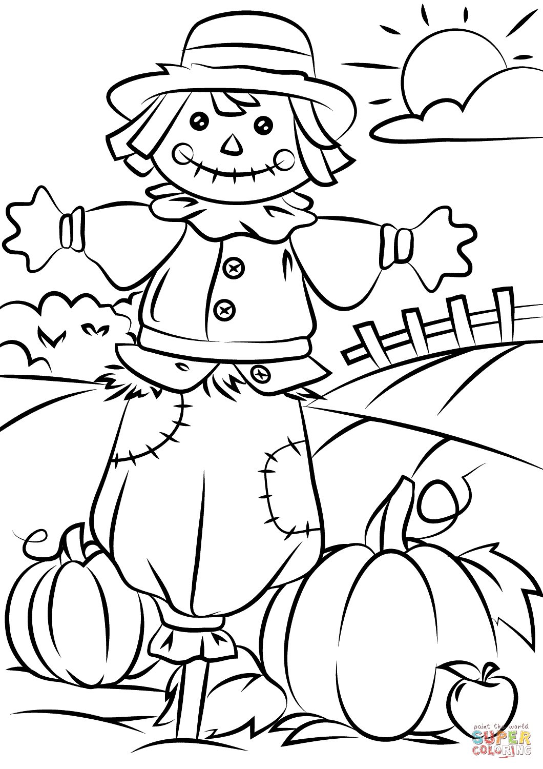 Fall Coloring Pages For Kids Autumn Scene With Scarecrow